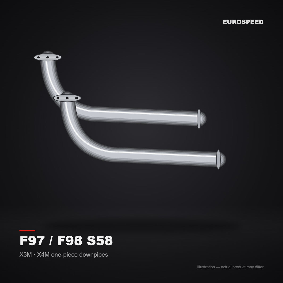 2019–2022 BMW X3M/X4M F97/F98 S58B30A 3.0T One‑Piece Downpipe with Reducer (illustration)