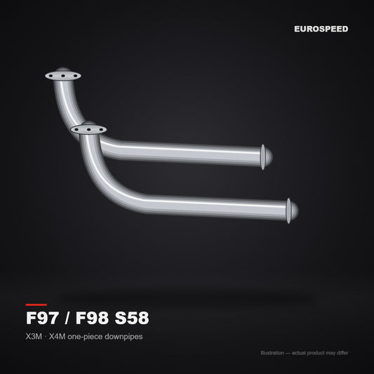 2019–2022 BMW X3M/X4M F97/F98 S58B30A 3.0T One‑Piece Downpipe with Reducer (illustration)