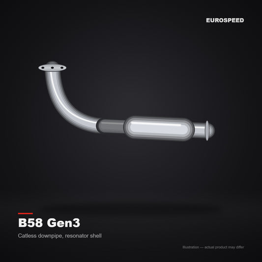 BMW B58 Gen3 Catless Downpipe with Resonator Shell and OPF Compatible (illustration)